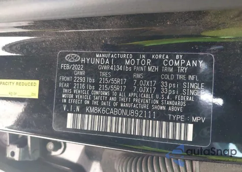 2022 Hyundai Kona Sel z USA, uszkodzony, nr VIN KM8K6CAB0NU892111